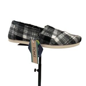 TOMS Women's Faux Fur Lined Slip-On Alpargata Slipper 7.5 Black Gray White Plaid
